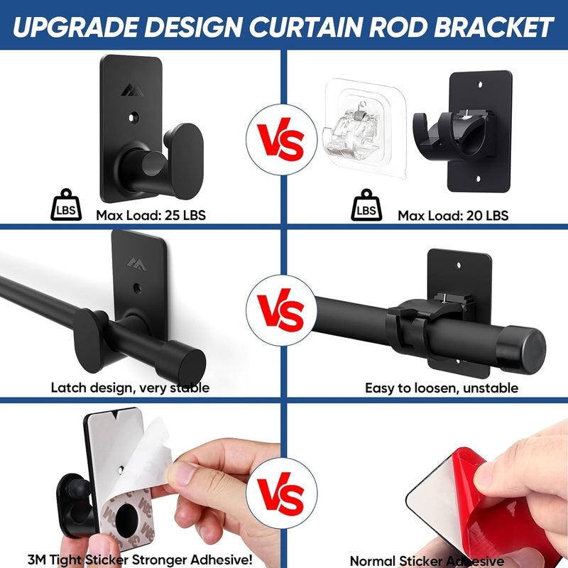 BMONATY 5/8" No Drill Curtain Rod Brackets for Poles Upgrade Adhesive Renter Friendly Nail Free Curtain Rod Hooks No Drilling Curtain Rod Holders Self Adhesive Curtain Rod Hooks Up to 25 lb (4Pcs Black) - Image 4